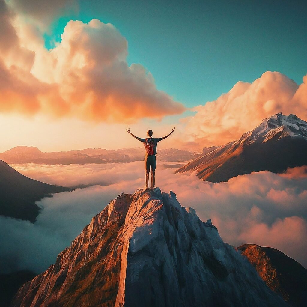 A person triumphantly reaching the summit of a mountain, arms raised in victory, symbolizing the achievement of a personal goal