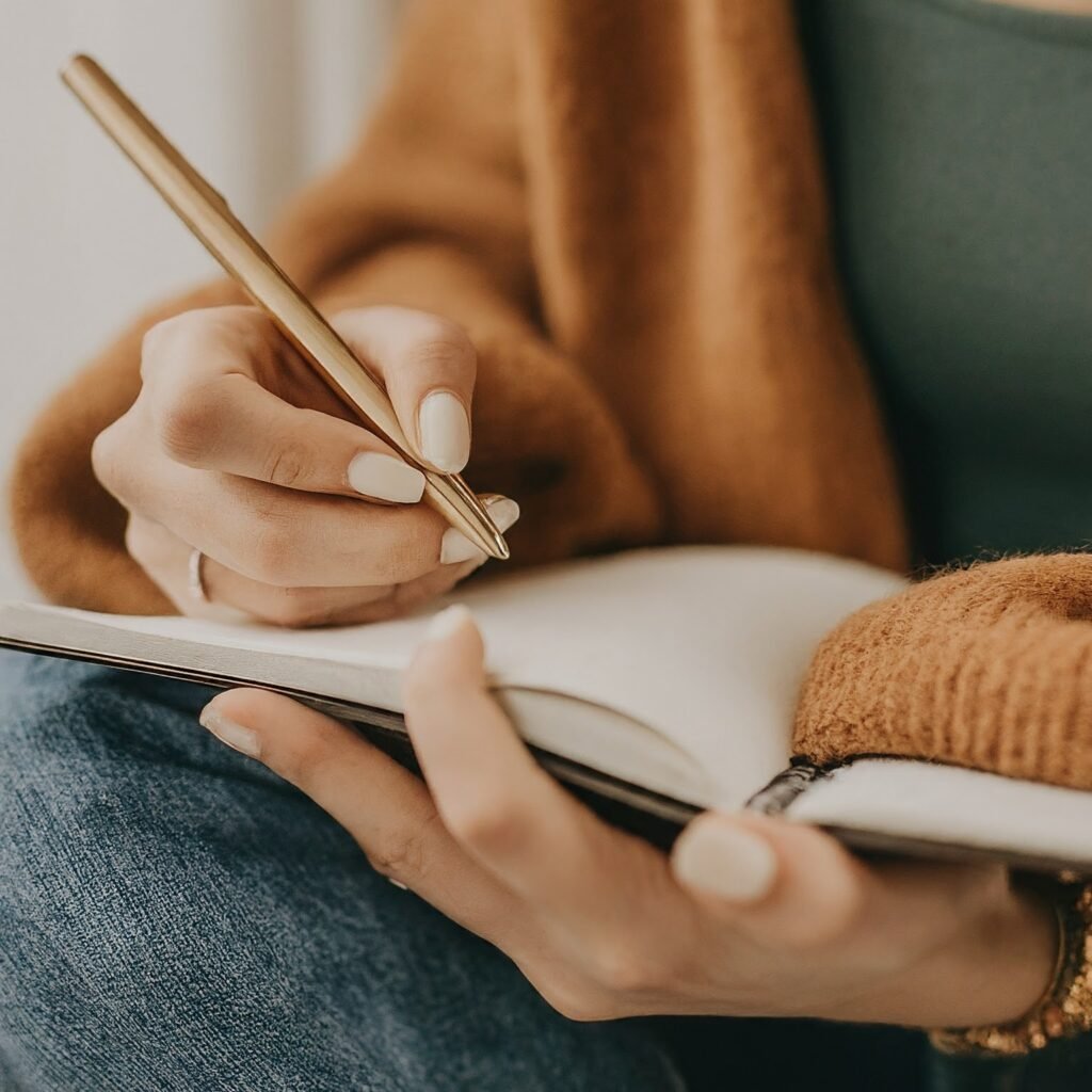 Close-up of hands holding a pen and writing in a leather-bound journal